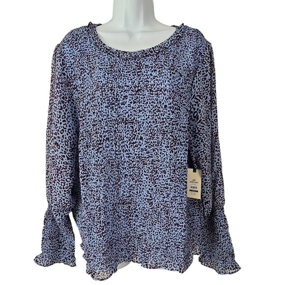 Womens Plus Size 2X Smocked Long Sleeve Leopard Print Blouse Blue & Purple - Picture 3 of 13